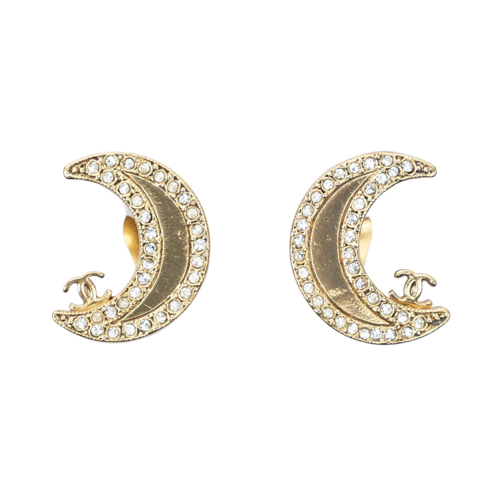 Chanel CC Rhinestone Half Moon Clip On Earrings